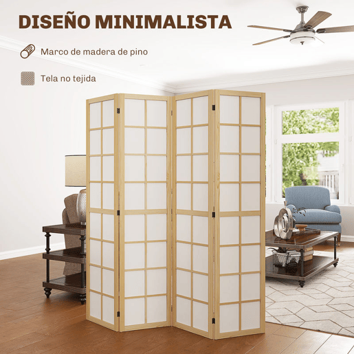 HOMCOM Biombo Dobrável de 4 Painéis Ecrã de Privacidade Separador de Ambientes de Interior para Sala de Estar Dormitório e Escritório 160x170 cm Madeira e Branco