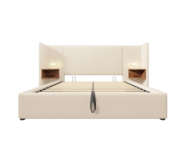 Cama tapizada 160×200 - con mesita, lámpara de lectura y usb type-c, almacenamiento, estructura de madera y metal, beige-blanco