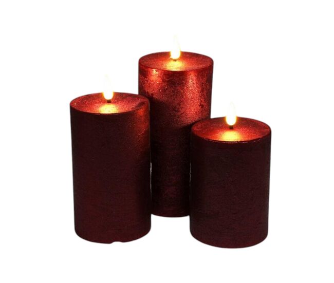 Well home set de 3 velas led en color rojo de superficie rústica