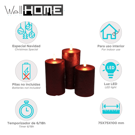 Conjunto de 3 velas LED de superfície rústica Well Home