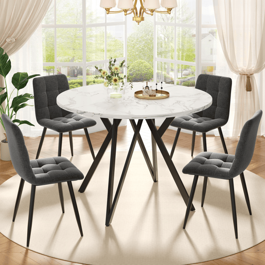 Mesa redonda 100x100 cm - Mesa de jantar, mesa de café para 4 pessoas, pernas de metal, superfície de MDF com mármore - Preto