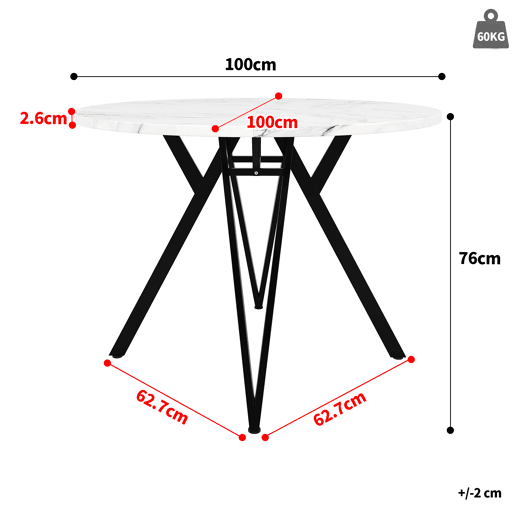 Mesa redonda 100x100 cm - Mesa de jantar, mesa de café para 4 pessoas, pernas de metal, superfície de MDF com mármore - Preto
