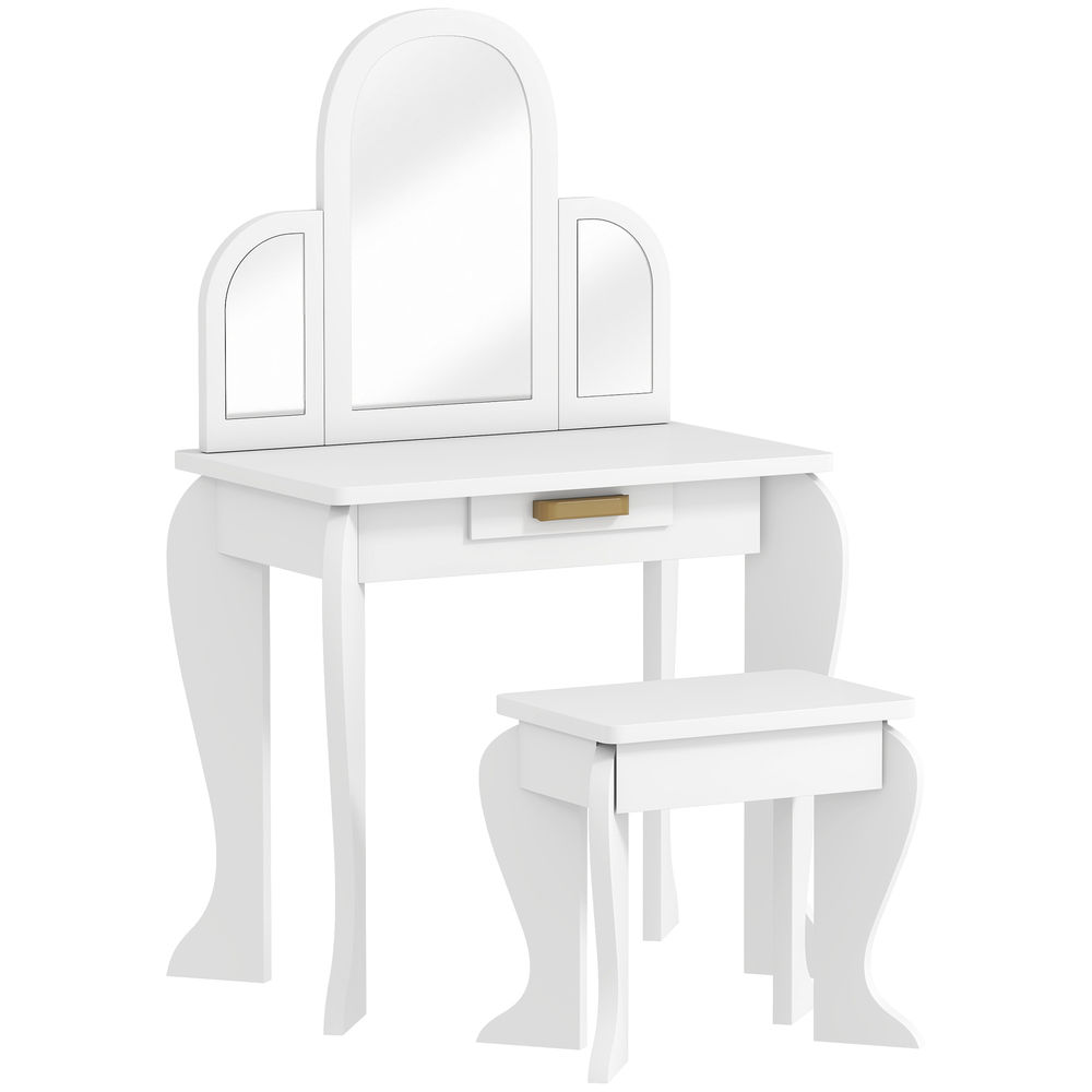 Homcom tocador infantil con taburete y espejo, tocador para niñas con cajón, mesa de maquillaje para niños y niñas de 3-6 años, blanco