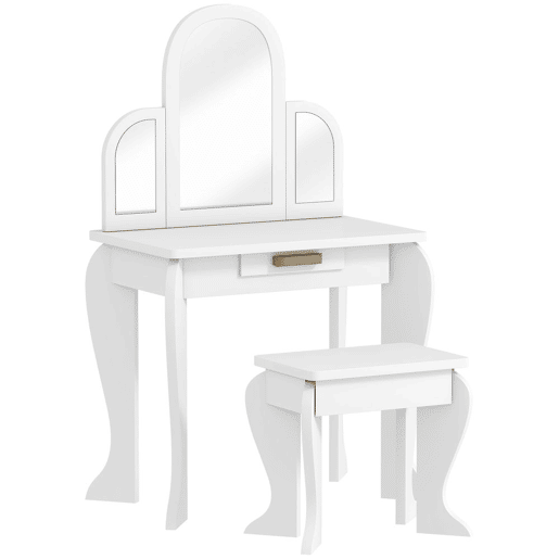 HOMCOM Toucador para Crianças com Espelho e Banco Toucador de Maquilhagem para Crianças de 3 a 6 Anos Toucador Infantil de Madeira com Gaveta 52x32x85 cm Branco HOMCOM Toucador para Crianças com Espelho e Banco Toucador de Maquilhagem para Crianças de 3 a 6 Anos Toucador Infantil de Madeira com Gaveta 52x32x85 cm Branco