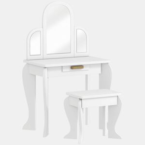 HOMCOM Toucador para Crianças com Espelho e Banco Toucador de Maquilhagem para Crianças de 3 a 6 Anos Toucador Infantil de Madeira com Gaveta 52x32x85 cm Branco