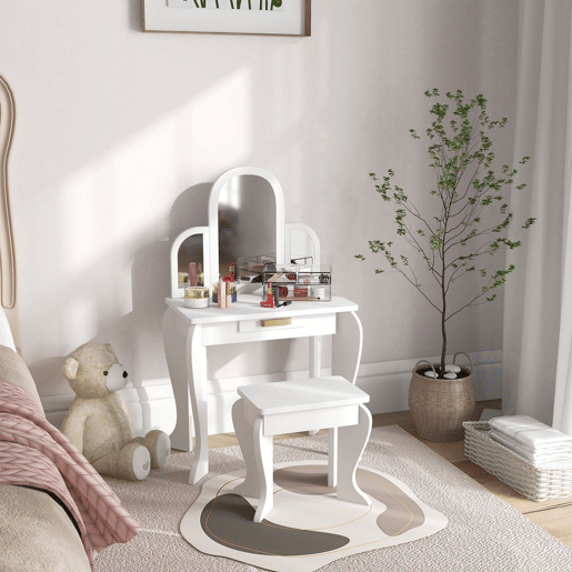 HOMCOM Toucador para Crianças com Espelho e Banco Toucador de Maquilhagem para Crianças de 3 a 6 Anos Toucador Infantil de Madeira com Gaveta 52x32x85 cm Branco HOMCOM Toucador para Crianças com Espelho e Banco Toucador de Maquilhagem para Crianças de 3 a 6 Anos Toucador Infantil de Madeira com Gaveta 52x32x85 cm Branco