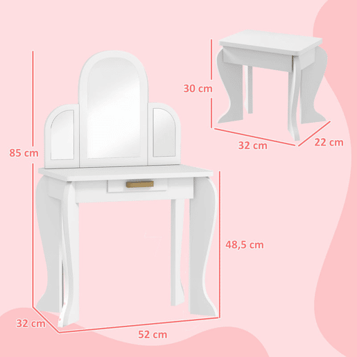 HOMCOM Toucador para Crianças com Espelho e Banco Toucador de Maquilhagem para Crianças de 3 a 6 Anos Toucador Infantil de Madeira com Gaveta 52x32x85 cm Branco HOMCOM Toucador para Crianças com Espelho e Banco Toucador de Maquilhagem para Crianças de 3 a 6 Anos Toucador Infantil de Madeira com Gaveta 52x32x85 cm Branco