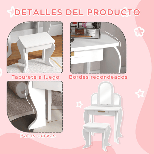 HOMCOM Toucador para Crianças com Espelho e Banco Toucador de Maquilhagem para Crianças de 3 a 6 Anos Toucador Infantil de Madeira com Gaveta 52x32x85 cm Branco HOMCOM Toucador para Crianças com Espelho e Banco Toucador de Maquilhagem para Crianças de 3 a 6 Anos Toucador Infantil de Madeira com Gaveta 52x32x85 cm Branco