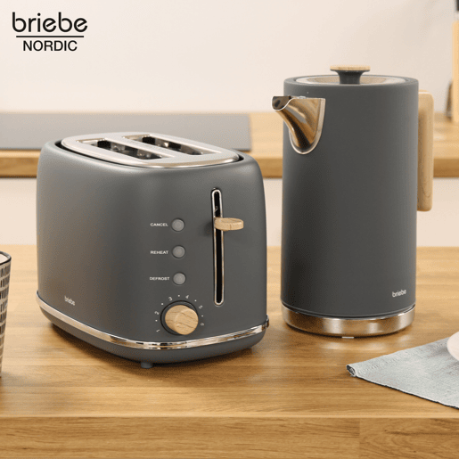 Briebe SKT1167GRY Nordic Conjunto de Torradeira de Pão com Fenda Larga, 2 Fatias + Chaleira Elétrica 1,7L sem Fio, sem BPA, 2200, Cinza
