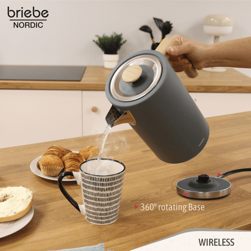 Briebe SKT1167GRY Nordic Conjunto de Torradeira de Pão com Fenda Larga, 2 Fatias + Chaleira Elétrica 1,7L sem Fio, sem BPA, 2200, Cinza