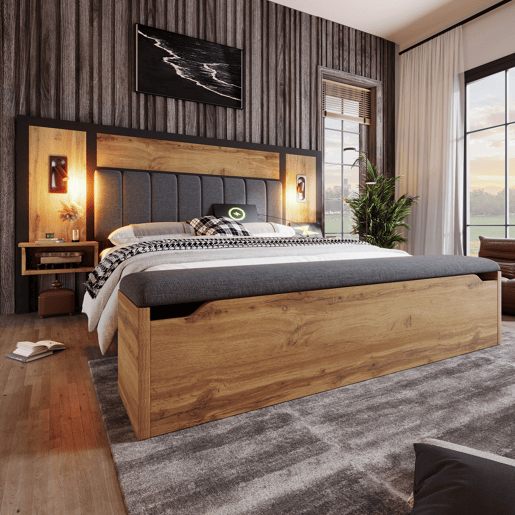 Cama de casal Polsterbett 160x200 - Com candeeiro de leitura, mesa de cabeceira com USB C e banco com arrumação - Madeira, metal e linho - Carvalho