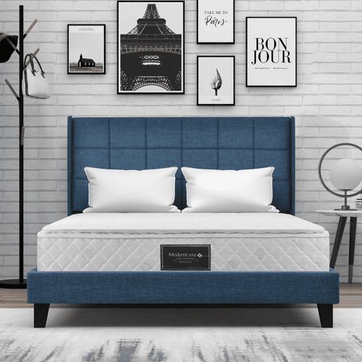 Cama Polsterbett 140x200cm - Com cabeceira acolchoada, com estrado, de linho azul, firmeza média - Azul