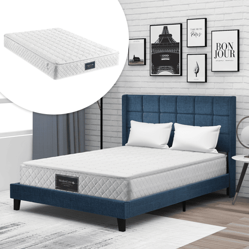 Cama Polsterbett 140x200cm - Com cabeceira acolchoada, com estrado, de linho azul, firmeza média - Azul
