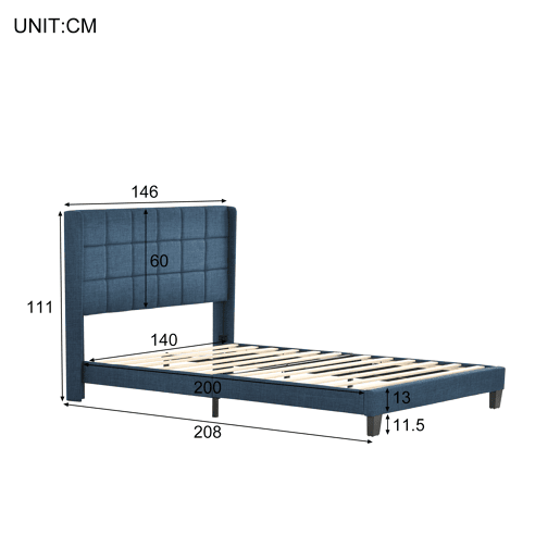 Cama Polsterbett 140x200cm - Com cabeceira acolchoada, com estrado, de linho azul, firmeza média - Azul