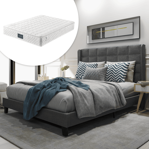 Cama Polsterbett 140x200cm - Com cabeceira acolchoada, com estrado - Cinza linho