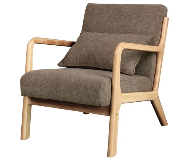 Sillón de tela marrón y madera natural