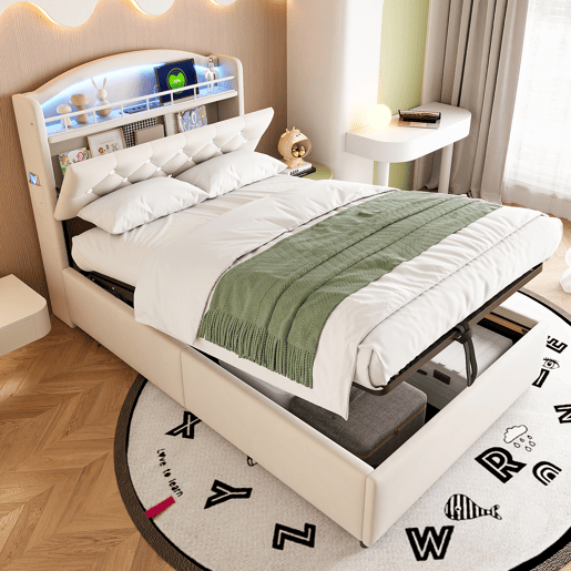 Cama infantil 90x200 - Cama multifuncional com arrumação, LED e USB - Bege