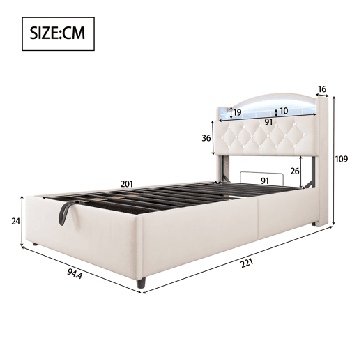 Cama infantil 90x200 - Cama multifuncional com arrumação, LED e USB - Bege