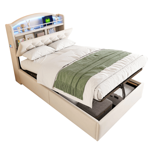 Cama infantil 90x200 - Cama multifuncional com arrumação, LED e USB - Bege