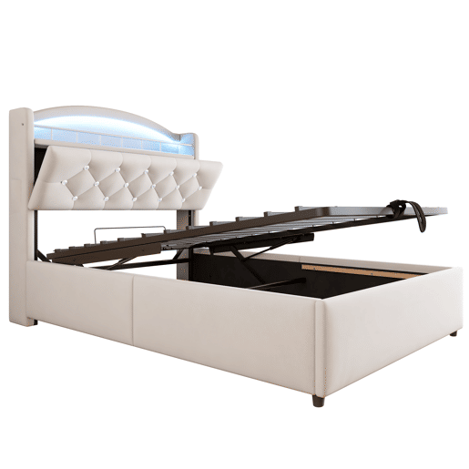 Cama infantil 90x200 - Cama multifuncional com arrumação, LED e USB - Bege