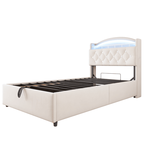 Cama infantil 90x200 - Cama multifuncional com arrumação, LED e USB - Bege