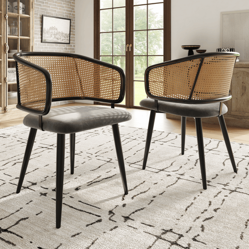 Cadeiras de sala de jantar 2 peças - encosto em rattan, almofada em veludo, estilo moderno e simples - Cinza
