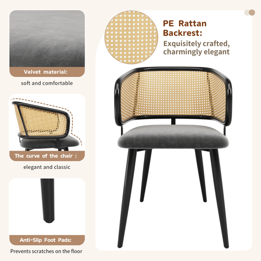 Cadeiras de sala de jantar 2 peças - encosto em rattan, almofada em veludo, estilo moderno e simples - Cinza