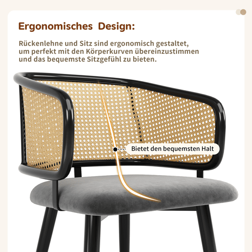 Cadeiras de sala de jantar 2 peças - encosto em rattan, almofada em veludo, estilo moderno e simples - Cinza