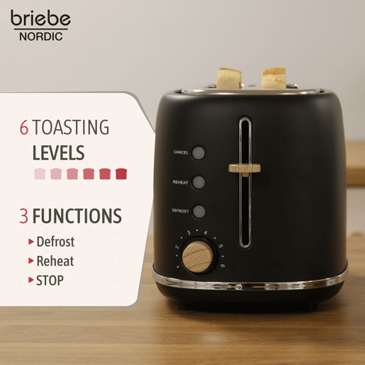 Briebe TA1166BLK Nordic Torradeira Ranhura Larga 2 Fatias, 6 Níveis de tostagem, Grelha de Aquecimento, Descongelação, 870, Preto