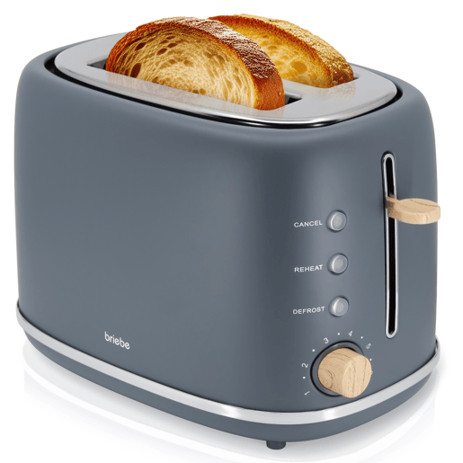 Briebe TA1166GRY Nordic Torradeira Ranhura Larga 2 Fatias, 6 Níveis de tostagem, Grelha de Aquecimento, Descongelação, 870, Cinza