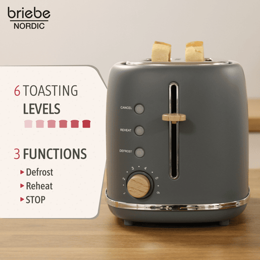 Briebe TA1166GRY Nordic Torradeira Ranhura Larga 2 Fatias, 6 Níveis de tostagem, Grelha de Aquecimento, Descongelação, 870, Cinza