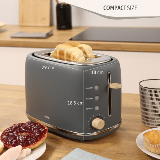 Briebe TA1166GRY Nordic Torradeira Ranhura Larga 2 Fatias, 6 Níveis de tostagem, Grelha de Aquecimento, Descongelação, 870, Cinza