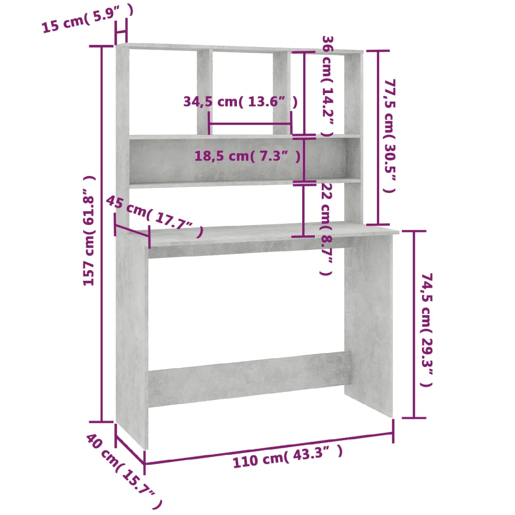 Secretária - Escrivaninha de computador c prateleiras 110x45x157cm contrap. cinzento cimento