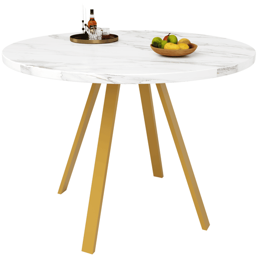 Mesa redonda 80x80 cm - Mesa de cozinha, mesa de centro para 4 pessoas, pernas de metal, design em mármore branco e pernas douradas