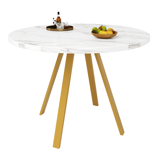 Mesa redonda 80x80 cm - Mesa de cozinha, mesa de centro para 4 pessoas, pernas de metal, design em mármore branco e pernas douradas