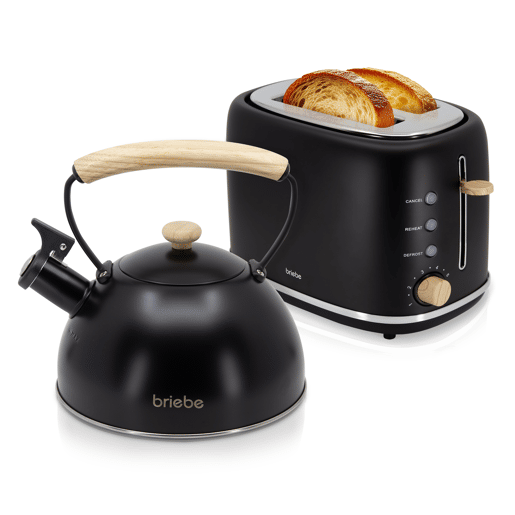 Briebe SKT1177BLK Nordic Tostapane a Fessura Larga a 2 Fette+ Chaleira de Indução com Apito, 2,3 L, 870, Preto