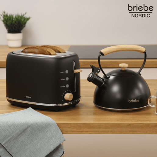 Briebe SKT1177BLK Nordic Tostapane a Fessura Larga a 2 Fette+ Chaleira de Indução com Apito, 2,3 L, 870, Preto