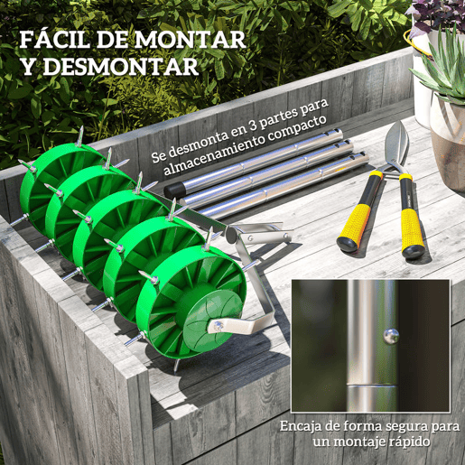 Outsunny Rolo Aireador de Relva Aireador de Relva Manual com Pontas e Cabo Desmontável de 100 cm em Três Peças para Soltar o Solo para Jardim Pátio 45x21x140 cm Verde Escuro