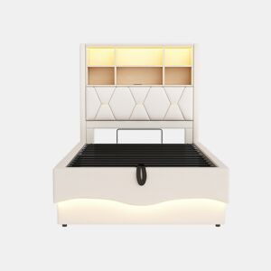 Cama infantil 90x200 cm - Armazenamento hidráulico, faixa LED controlada por app, porta USB, estrado de metal, estofado em linho - Bege