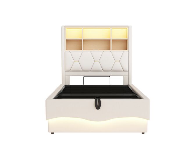 Cama infantil 90x200 cm - almacenaje hidráulico, tira led controlada por app, puerto usb, somier de metal, tapizado en lino - beige