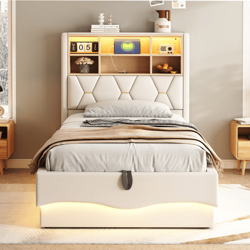 Cama infantil 90x200 cm - Armazenamento hidráulico, faixa LED controlada por app, porta USB, estrado de metal, estofado em linho - Bege