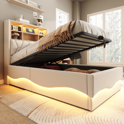 Cama infantil 90x200 cm - Armazenamento hidráulico, faixa LED controlada por app, porta USB, estrado de metal, estofado em linho - Bege