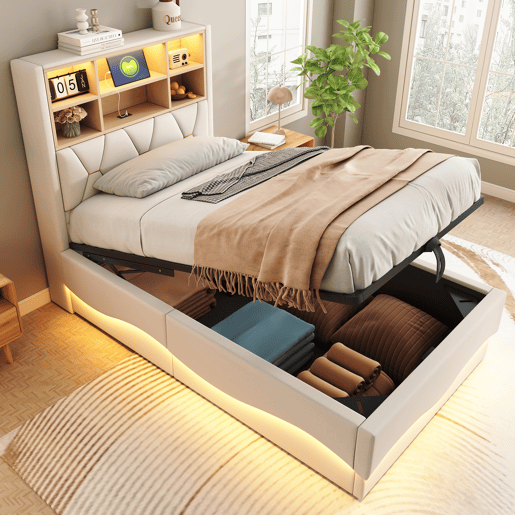 Cama infantil 90x200 cm - Armazenamento hidráulico, faixa LED controlada por app, porta USB, estrado de metal, estofado em linho - Bege