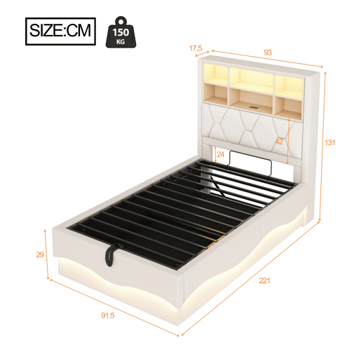 Cama infantil 90x200 cm - Armazenamento hidráulico, faixa LED controlada por app, porta USB, estrado de metal, estofado em linho - Bege