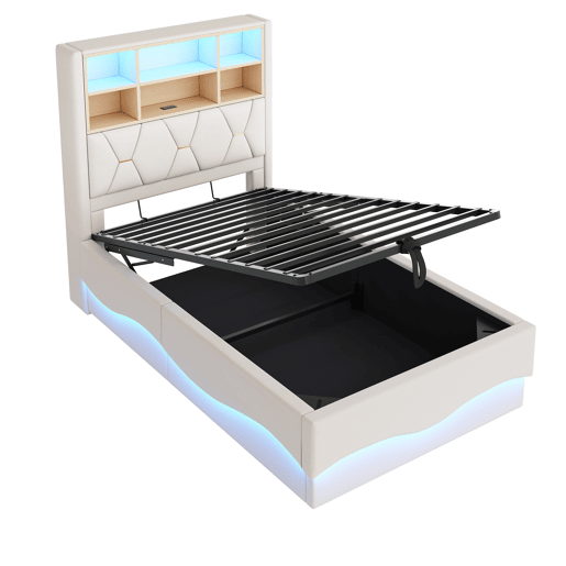 Cama infantil 90x200 cm - Armazenamento hidráulico, faixa LED controlada por app, porta USB, estrado de metal, estofado em linho - Bege