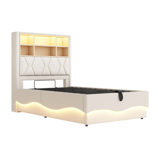 Cama infantil 90x200 cm - Armazenamento hidráulico, faixa LED controlada por app, porta USB, estrado de metal, estofado em linho - Bege