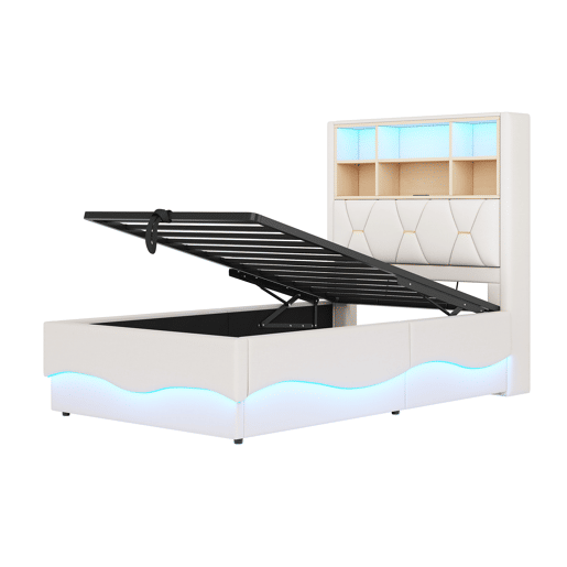 Cama infantil 90x200 cm - Armazenamento hidráulico, faixa LED controlada por app, porta USB, estrado de metal, estofado em linho - Bege