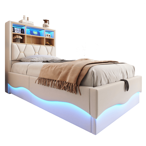 Cama infantil 90x200 cm - Armazenamento hidráulico, faixa LED controlada por app, porta USB, estrado de metal, estofado em linho - Bege