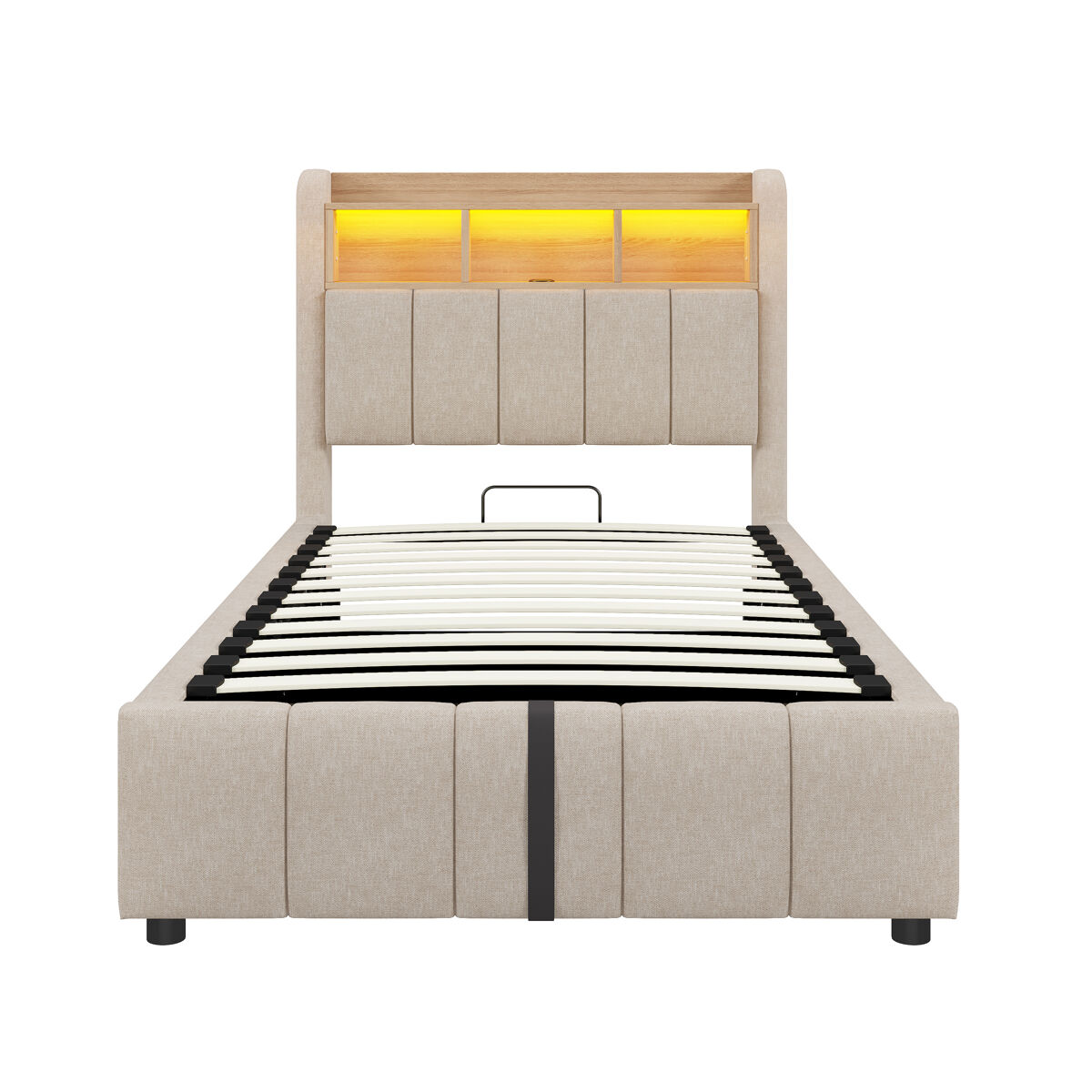 Cama individual 90*200 cm - con iluminación led, puerto usb, cabecera con estantes y almacenamiento, almacenamiento hidráulico - beige lino