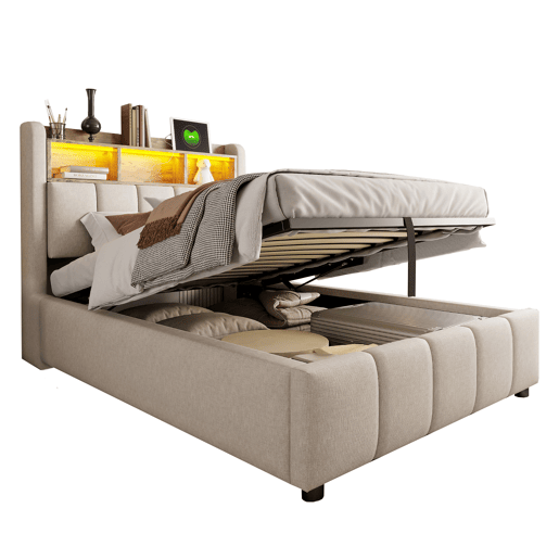 Cama individual 90*200 cm - Com iluminação LED, porta USB, cabeceira com prateleiras e arrumação, arrumação hidráulica - Linho bege Cama individual 90*200 cm - Com iluminação LED, porta USB, cabeceira com prateleiras e arrumação, arrumação hidráulica - Linho bege